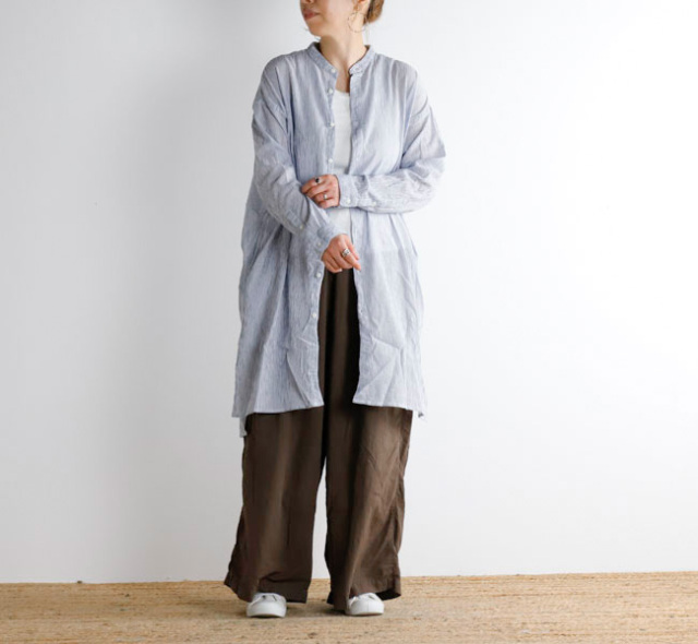 SALE40%OFFARMEN アーメン INAM2503GSD シングルガーゼ ストライプ バンドカラーシャツ SINGLE GAUZE STRIPE OVERDYE UTILITY BANDED COLLAR LONG SHIRT