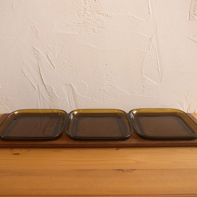 カイ・フランク　チークトレイ　スクエア　ブルー　プレート　三枚セット カイ・フランクチークトレイスクエアブループレート三枚セット
