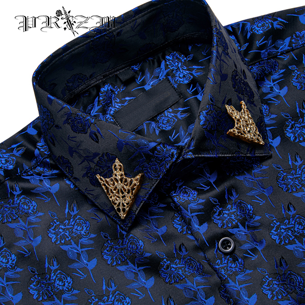 BlueRose dressShirt・襟金具付き・ブルーシャツ・青光沢生地シャツ