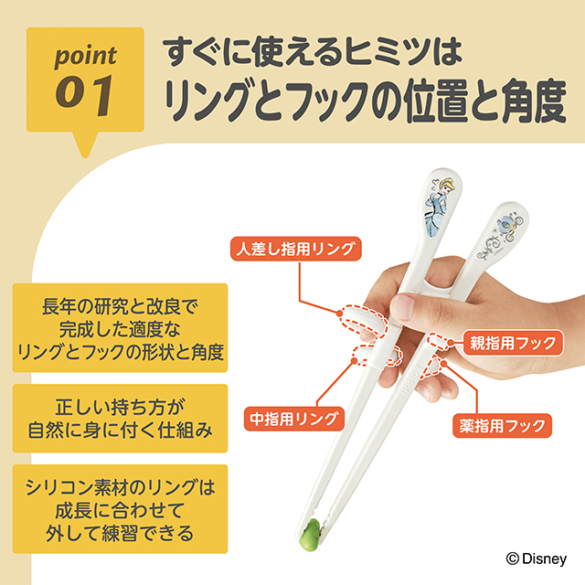 エジソンのお箸®Ⅰ_右手用_シンデレラリッチ_01：すぐに使えるヒミツはリングのフックの位置と角度