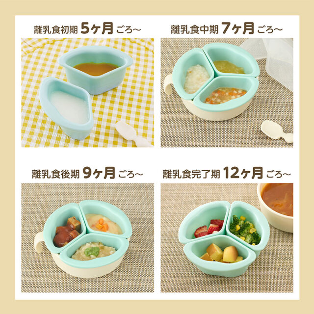 くるくるプレート：離乳食初期5ヶ月ごろ〜／離乳食中期7ヶ月ごろ〜／離乳食後期9ヶ月ごろ〜／離乳食完了期12ヶ月ごろ〜