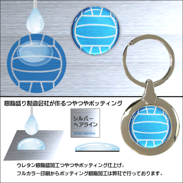 円形キーホルダー　バレーボール柄【ブルー(青/銀)】樹脂ポッティング