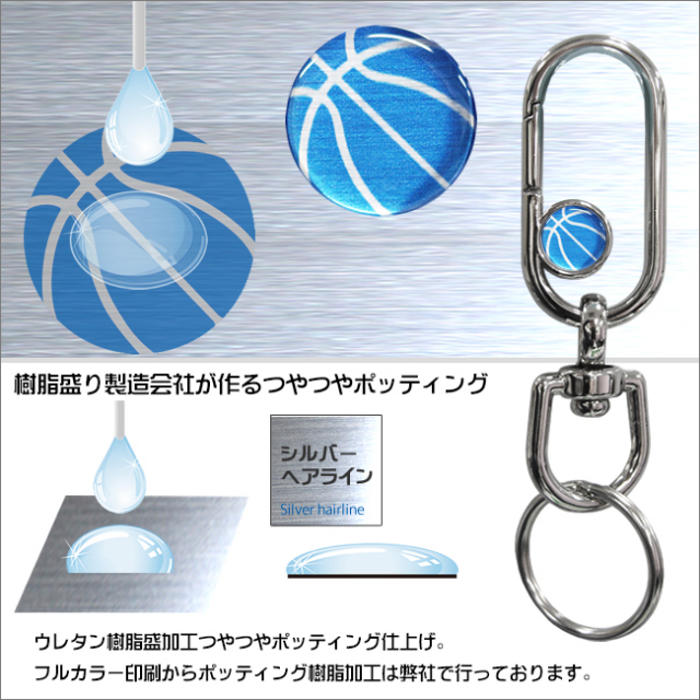 ナスカンキーホルダー　バスケットボール柄　ブルー(青銀)樹脂ポッティング