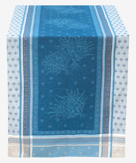 ジャガード織りテフロン撥水加工テーブルランナー50×160cmサイズ（Lourmarin ルールマラン・ホワイト×ブルー）【フランス】CHM_JCQ18