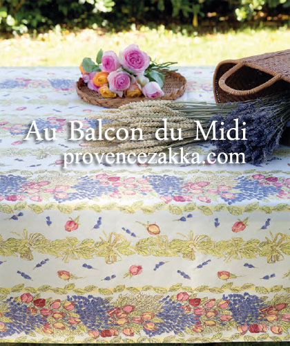 プロヴァンスプリントテーブルクロス撥水加工（ローズ＆ラベンダー・オフホワイト）全７サイズ【フランス】 オーダーメイド、サイズオーダー可 NAP_20_176e