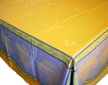 プロヴァンステーブルクロスジャガード織りテフロン撥水加工（ラベンダーブーケ・イエロー×ブルー）160×250cmサイズ【フランス】 NAP_25_125e