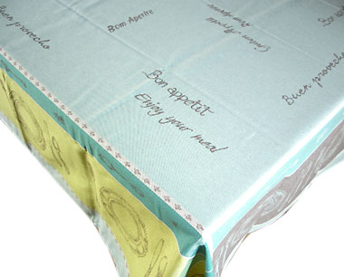 プロヴァンステーブルクロスジャガード織りテフロン撥水加工（ボナペティ・ターコイズブルー）160×250cmサイズ【フランス】 NAP_25_202e
