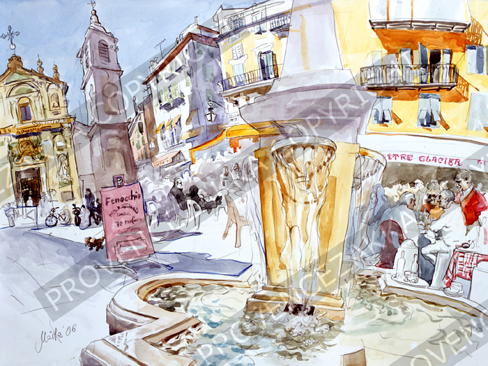 プロヴァンス風景絵画（Nice ニース, 旧市街ロセッティ広場と噴水）PT_MRT_17