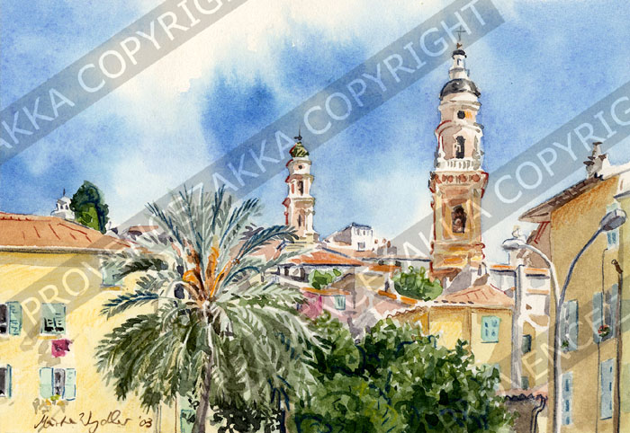 プロヴァンス風景絵画（Menton サンミッシェル教会と白苦業会礼拝堂の見える風景） PT_MRT_26
