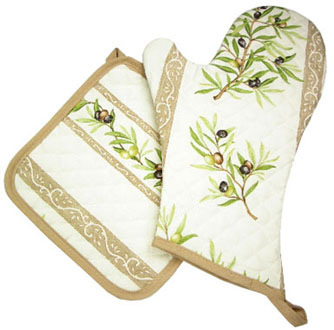 キッチングローブ＊ミトン＆正方形鍋つかみセット（オリーブ2005・ホワイト×ベージュ）GAN_S21