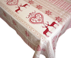 プロヴァンスプリントテーブルクロス撥水加工（シャンベリー・オフホワイト×リネン）  ノルディック柄 150×250cmサイズ【フランス】 NAP_25_241e