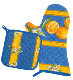 キッチングローブ＊ミトン＆正方形鍋つかみセット（レモン＆小花柄・ブルー）GAN_S45