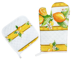 キッチングローブ＊ミトン＆正方形鍋つかみセット（レモン＆小花柄・ホワイト）GAN_S50