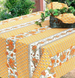 プロヴァンスプリントテーブルクロス撥水加工（ジアン・オレンジ）150×250cmサイズ【フランス】 NAP_25_111e