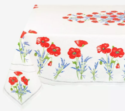 プロヴァンスプリントテーブルクロス撥水加工（コクリコ＆ラベンダー・オフホワイト）160×250cmサイズ【フランス】 NAP_25_343eW