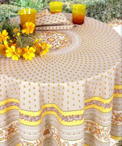 ラウンド・円形テーブルクロス撥水加工丸テーブル円卓用直径180cmサイズ（エローラ・サフラン）【フランス】NAP_R127e