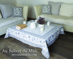 テーブルクロス：マルチカバージャガード織り（SILLANS シヤン 花柄・ホワイト×ブルー）全２サイズ【フランス】NAP_C86WB