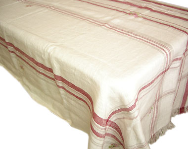 マリネットMARINETTE リネン麻プロヴァンステーブルクロス（GRENIER グルニエ・アイボリー×フランボワーズ）160×260cmサイズ【フランス】 NAP_25_264