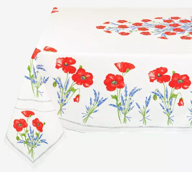 プロヴァンスプリントテーブルクロス撥水加工（コクリコ＆ラベンダー・オフホワイト）160×250cmサイズ【フランス】 NAP_25_343eW