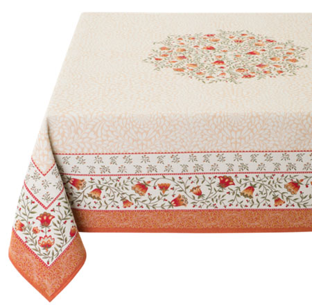 テーブルクロス：マルチカバージャガード織り（AUBRAC オブラック 花柄・オフホワイト×オレンジ）全２サイズ【フランス】NAP_C85WO