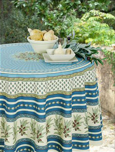 ラウンド・円形テーブルクロス撥水加工丸テーブル円卓用直径180cmサイズ（オリーブタマリス・ブルー）【フランス】NAP_R119e