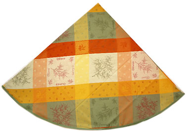 ラウンド・円形テーブルクロス丸テーブル円卓用ジャガード織りテフロン撥水加工直径180cmサイズ（カドリーブ・グリーン×オレンジ）【フランス】NAP_R121e