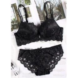レース ブラジャー＆ショーツ 上下セット パッド入り　タイプ7  ブラック
