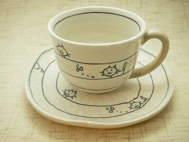 ≪和食器≫遊び猫　カップ＆ソーサー（青）
