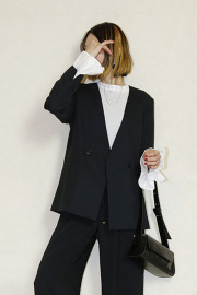 trois （トロア）ソフィーツイルストレッチノーカラージャケット　T261-83001-D