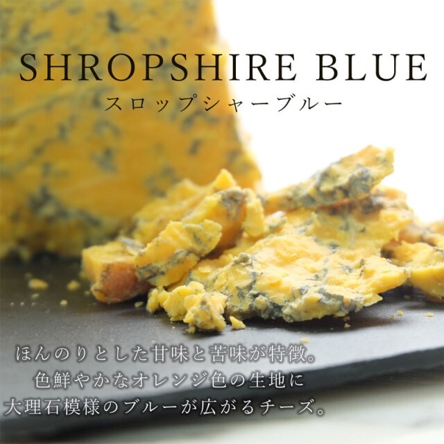 チーズ専門店　ブルーチーズ　オレンジ色　イギリス産　スロップシャーブルー