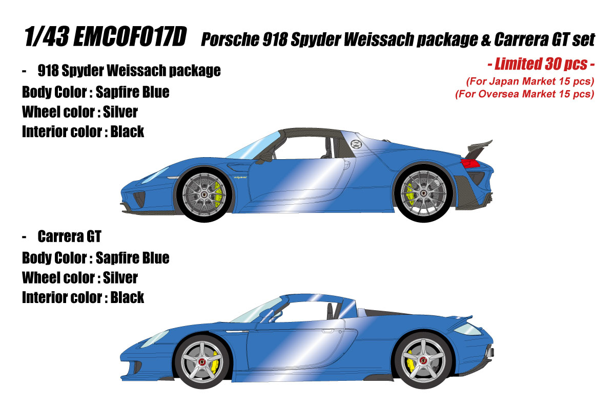 ** 予約商品 ** EIDOLON EMCOF017D Porsche 918 Spyder Weissach package & Carrera GT set Sapfire Blue Limited 30pcs