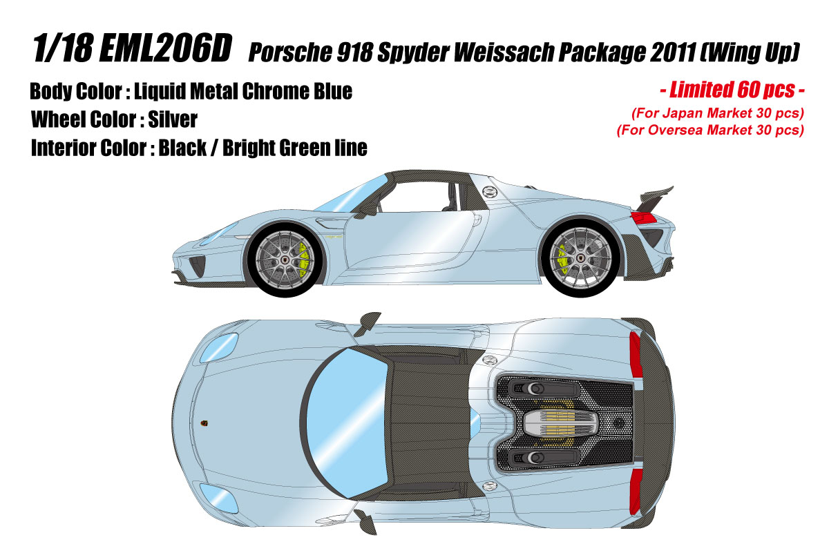 ** 予約商品 ** EIDOLON EML206D 1/18 Porsche 918 Spyder Weissach Package 2011 (Wing Up) Liquid Metal Chrome Blue Limited 60pcs