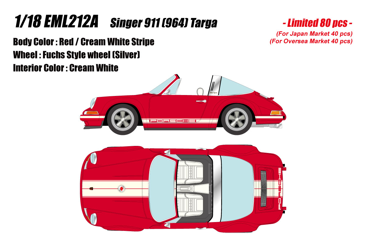** 予約商品 ** EIDOLON EML212A 1/18 Singer 911 (964) Targa Red / Cream White Stripe Limited 80pcs