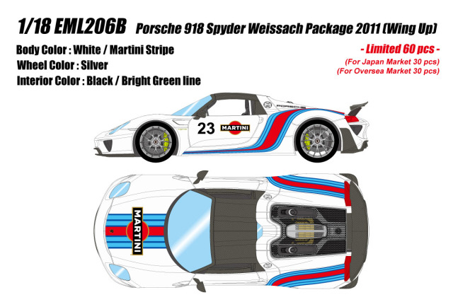 ** 予約商品 ** EIDOLON EML206B 1/18 Porsche 918 Spyder Weissach Package 2011 (Wing Up) White / Martini Stripe Limited 60pcs