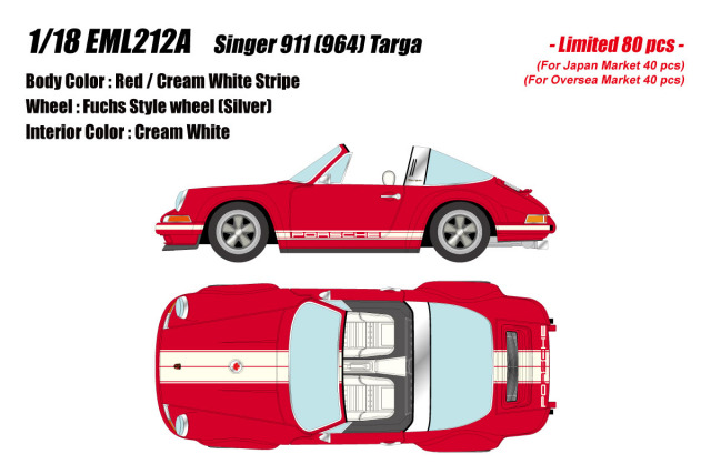 ** 予約商品 ** EIDOLON EML212A 1/18 Singer 911 (964) Targa Red / Cream White Stripe Limited 80pcs
