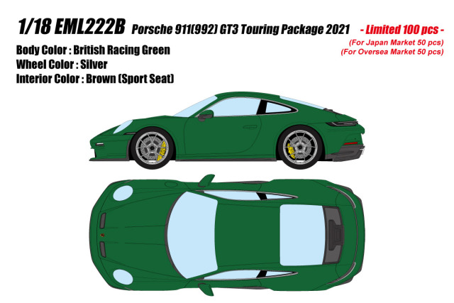 ** 予約商品 ** EIDOLON EML222B 1/18 Porsche 911(992) GT3 Touring Package 2021 British Racing Green Limited 100pcs