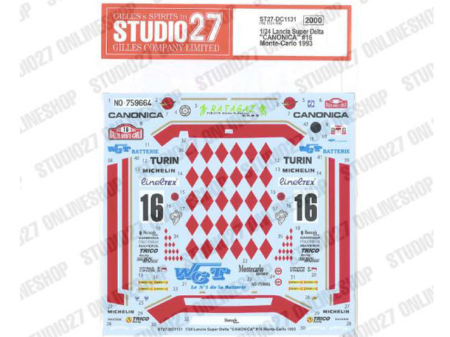 STUDIO27デカール DC1131 1/24 Lancia Super Delta "CANONICA" #16 Monte-Carlo 1993 for Hasegawa 【メール便可】