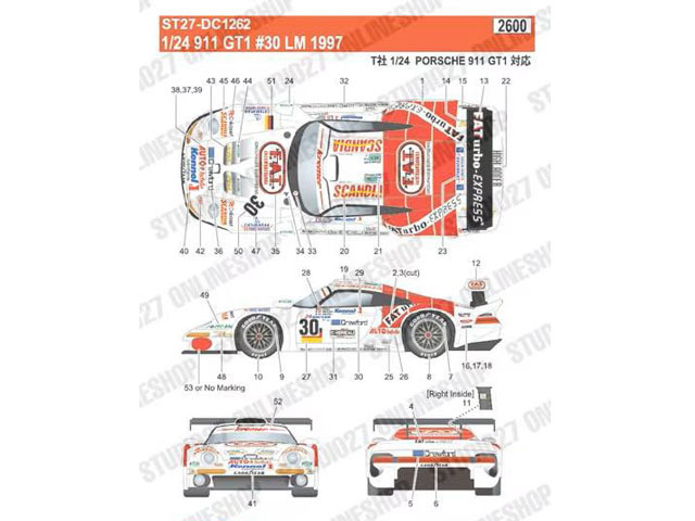 STUDIO27デカール DC1262 1/24 Porsche 911GT1 #30 Le Mans 1997 for