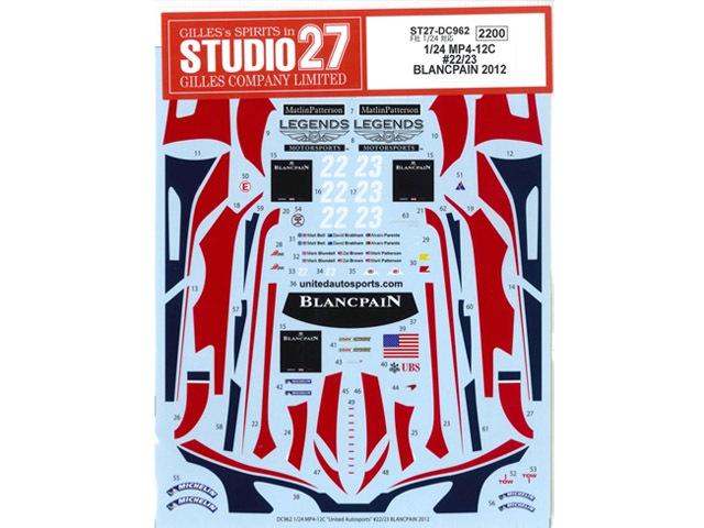 STUDIO27デカール DC962 1/24 マクラーレン MP4-12C United Autosports #22/23 BLANCPAIN 2012【メール便可】