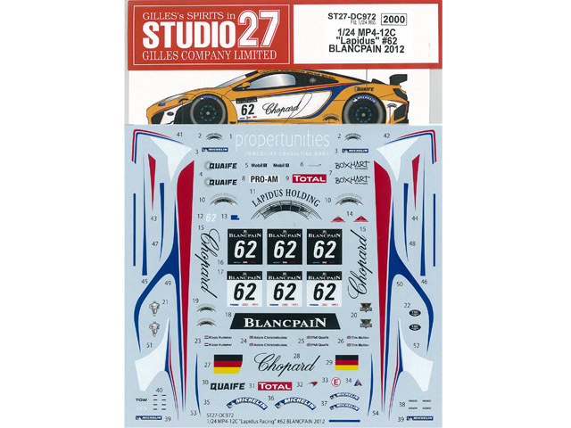 STUDIO27デカール DC972 1/24 マクラーレン MP4-12C Lapidus #62 BLANKPAIN 2012【メール便可】