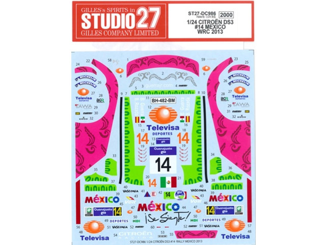 STUDIO27デカール DC986 1/24 シトロエン DS3 #14 MEXICO WRC 2013【メール便可】