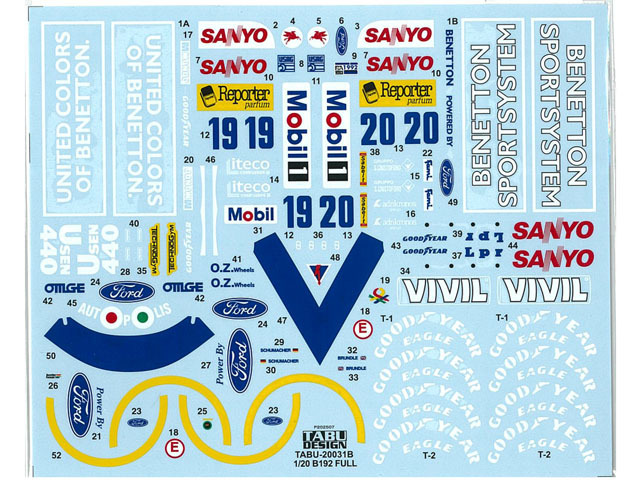 TABUデザイン 20031B 1/20 Benetton B192 1992 Full Sponsor Decal （for Tamiya） 【メール便可】