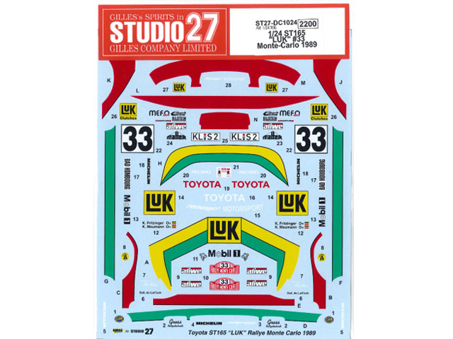 STUDIO27デカール DC1024 1/24 トヨタ セリカ ST165 LUK #33 Monte Carlo 1989 【メール便可】