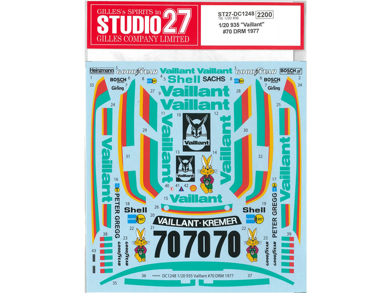 STUDIO27デカール DC1248 1/20 Porsche 935 Vaillant #70 DRM 1977【メール便可】