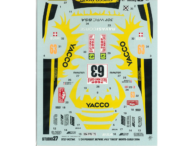 STUDIO27デカール DC736c 1/24 プジョー307 WRC #63 "YACCO" モンテカルロ2006 T社　307WRC対応【メール便可】