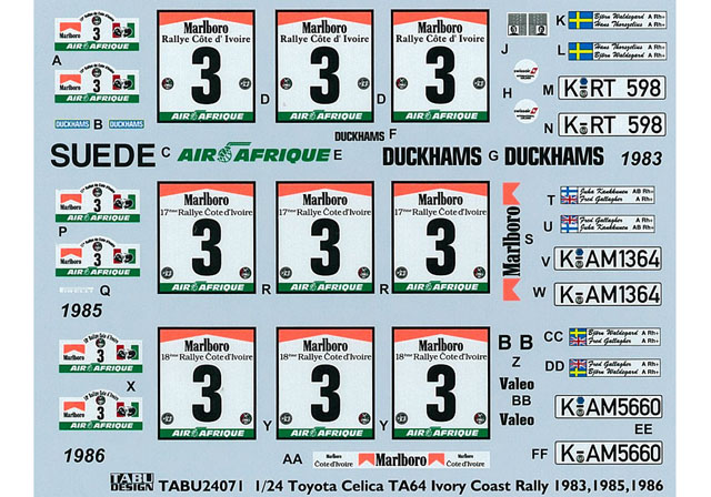 TABUデザイン 24071 1/24 セリカ TA64 Ivory Coast Rally 1983 1985 1986 オプションデカール （アオシマ対応） 【メール便可】