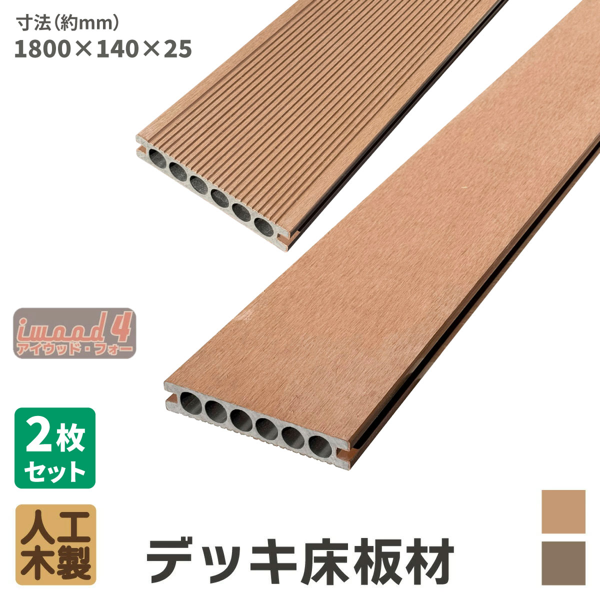 アイウッド・フォー　デッキ床板材　2本セット　ナチュラル　長1800 × 厚25 × 幅140　14025N　igardenオリジナル商品