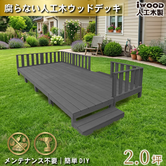 ウッドデッキ　人工木製　1.5坪　[16点セット]　ブラック　A8d6f2sB　アイウッドデッキ　ローフェンスタイプ　A90B