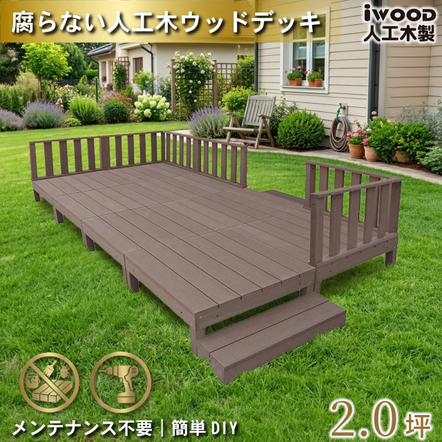 ウッドデッキ　人工木製　1.5坪　[16点セット]　ダークブラウン　A8d6f2sD　アイウッドデッキ　ローフェンスタイプ　A90D