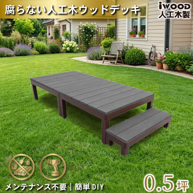 ウッドデッキPLUS　人工木+アルミ製　0.5坪　[3点セット]　ブラック　P2d1sPB　アイウッドデッキPLUS　ステップPLUSセット P90B